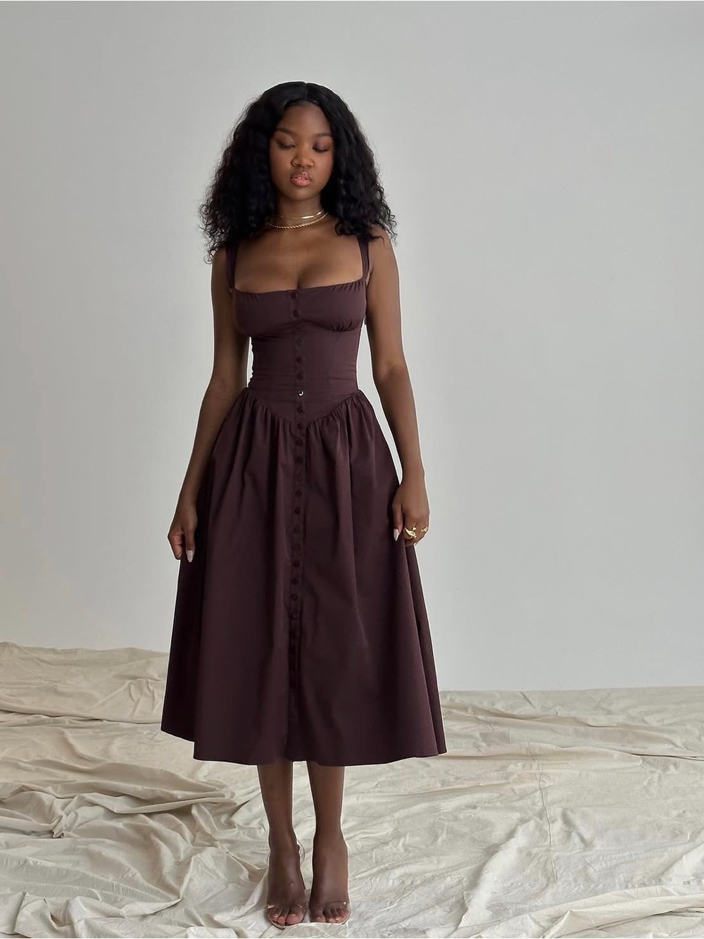 house of CB TATIANA Rich Brown Midi Sundress